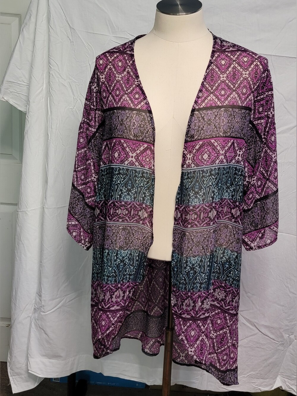 Rough Hewn Boho Open-Front Kimono in Purple and Teal